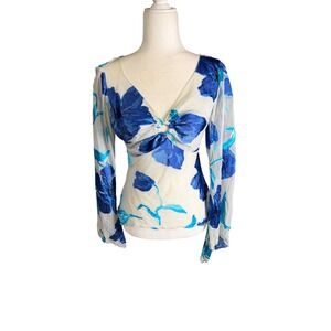 Cache Blue Floral Sheer V Neck Ruched Front Long Sleeve Top Size S